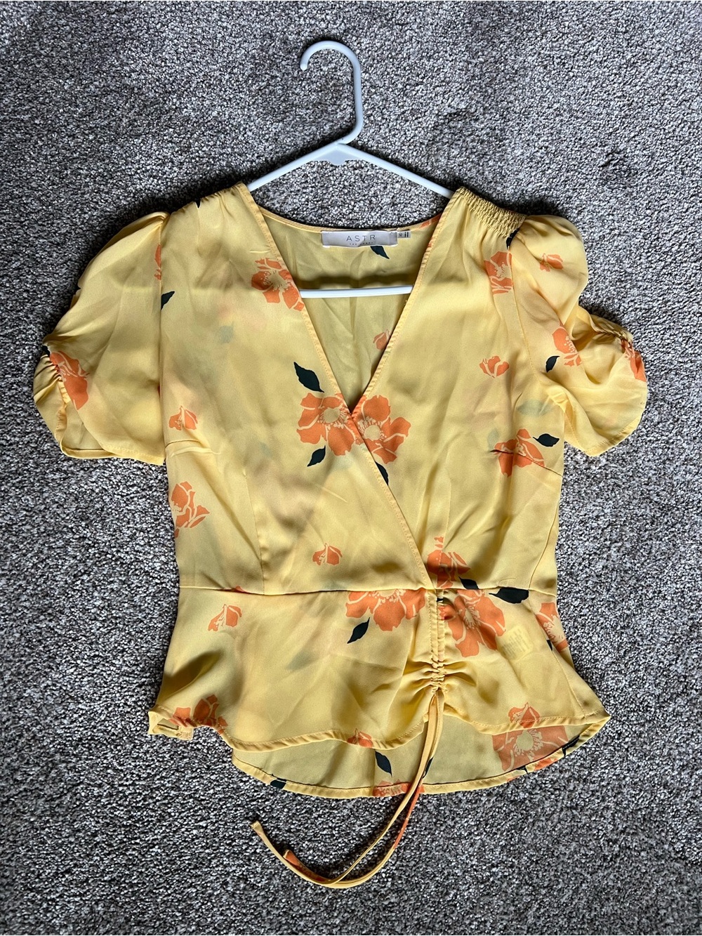 Astr Yellow Floral Wrap Blouse with Puff Sleeves